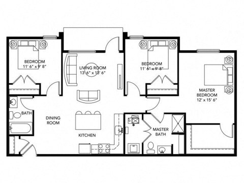 Floor plan for 3 beds, 2 baths, 1170 sqft
